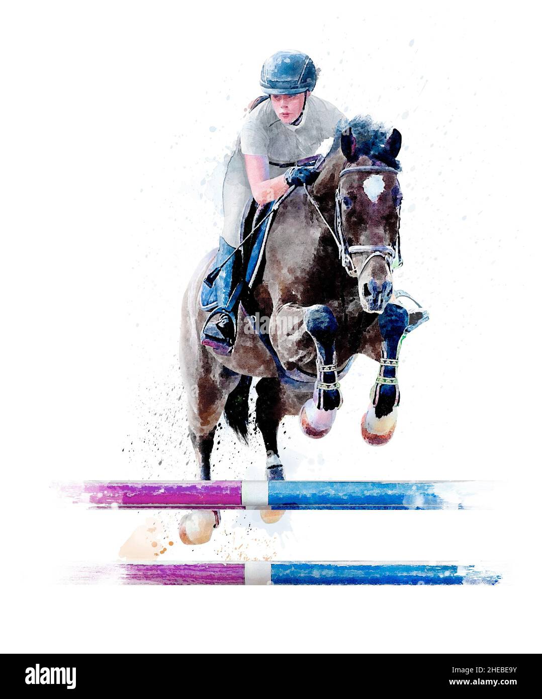 Jockey on horse. Black horse Jumping. Equestrian Events. Show Jumping Competition. Watercolor painting illustration isolated on white background Stock Photo