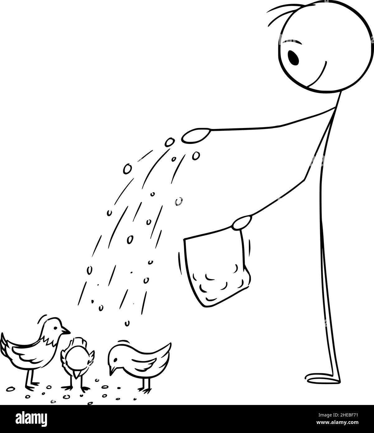 Person Feeding Birds or Pigeons, Vector Cartoon Stick Figure Illustration Stock Vector