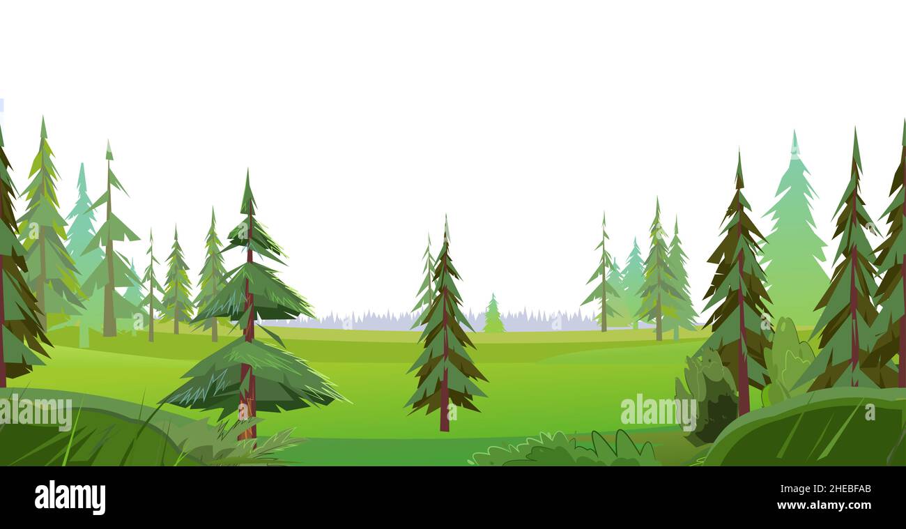 Coniferous Forest. Pine and Spruce Trees on Glade. Isolated on white background. Seamless horizontal illustration in cartoon style flat design. Vector Stock Vector