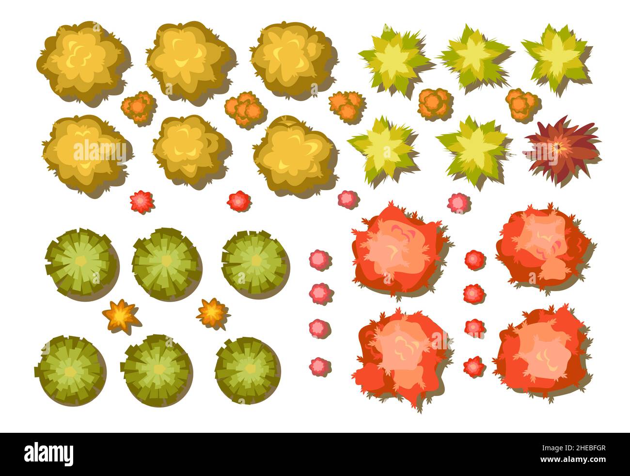 Set of autumn trees and beshes. For Landscape top view. Scene with yellow and orange plants from height. Above countryside. Isolated on white Stock Vector