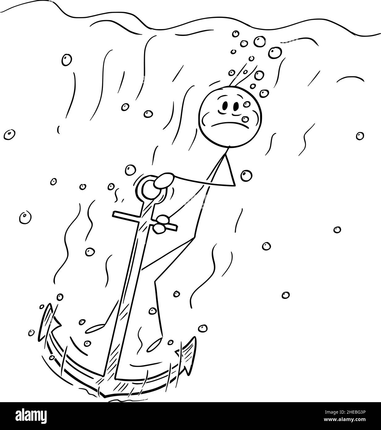 Person or businessman Sinking With Heavy Anchor, Vector Cartoon Stick