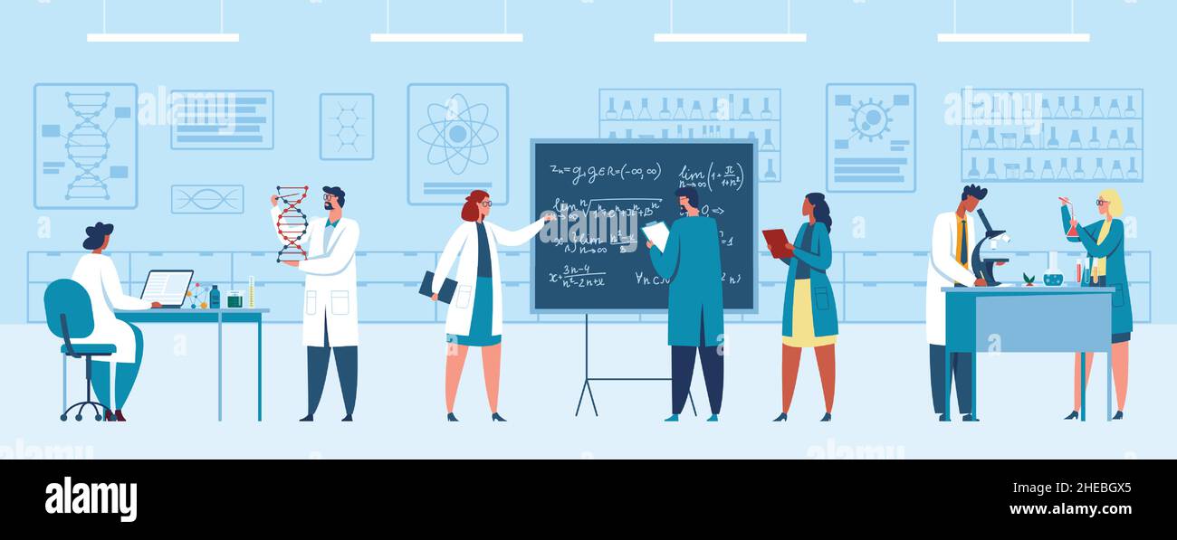 Research laboratory, team scientists researching and observing. Vector research experiment in laboratory, science illustration Stock Vector