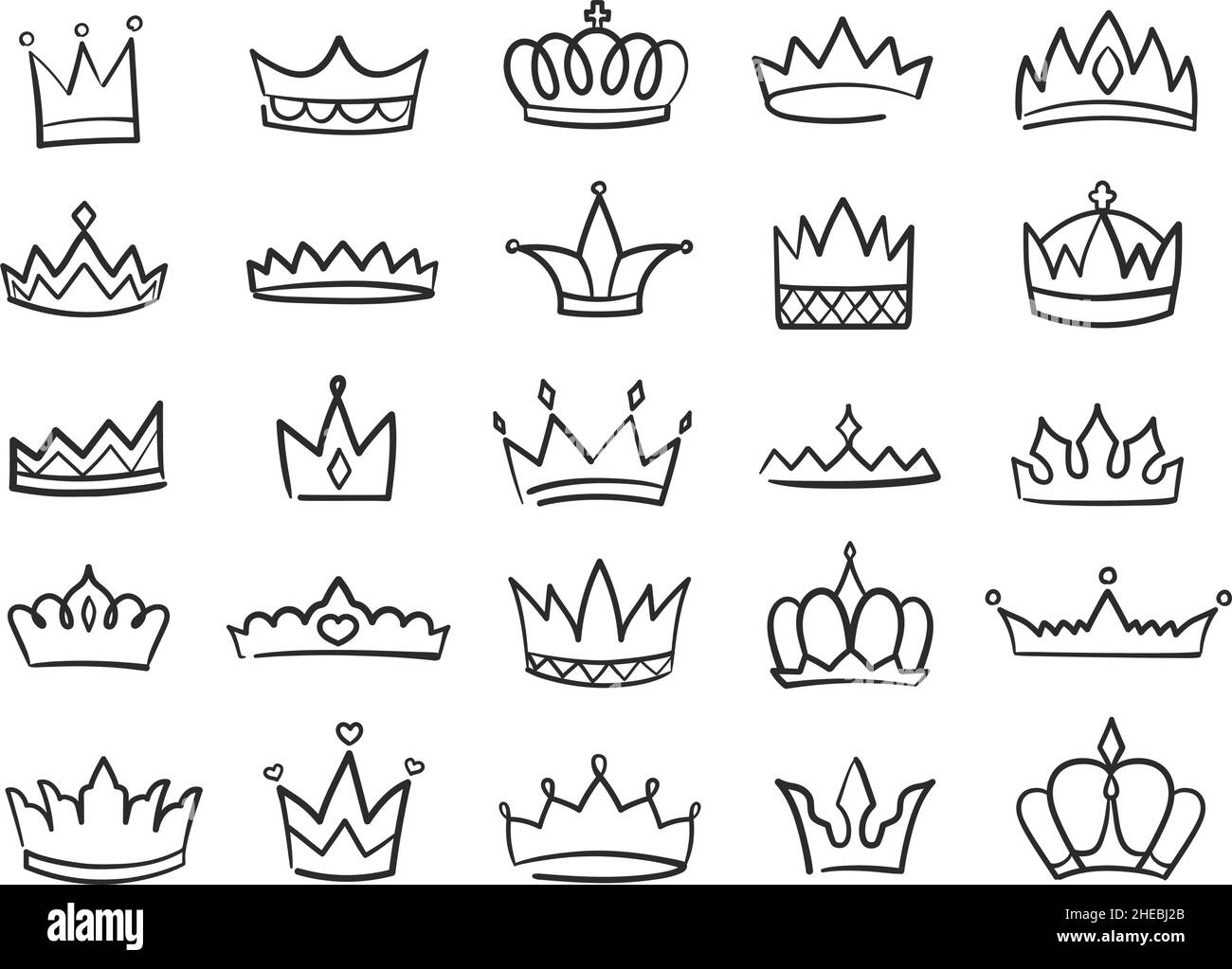 Hand drawn crowns logo, king or queen crown doodles. Princess tiara ...