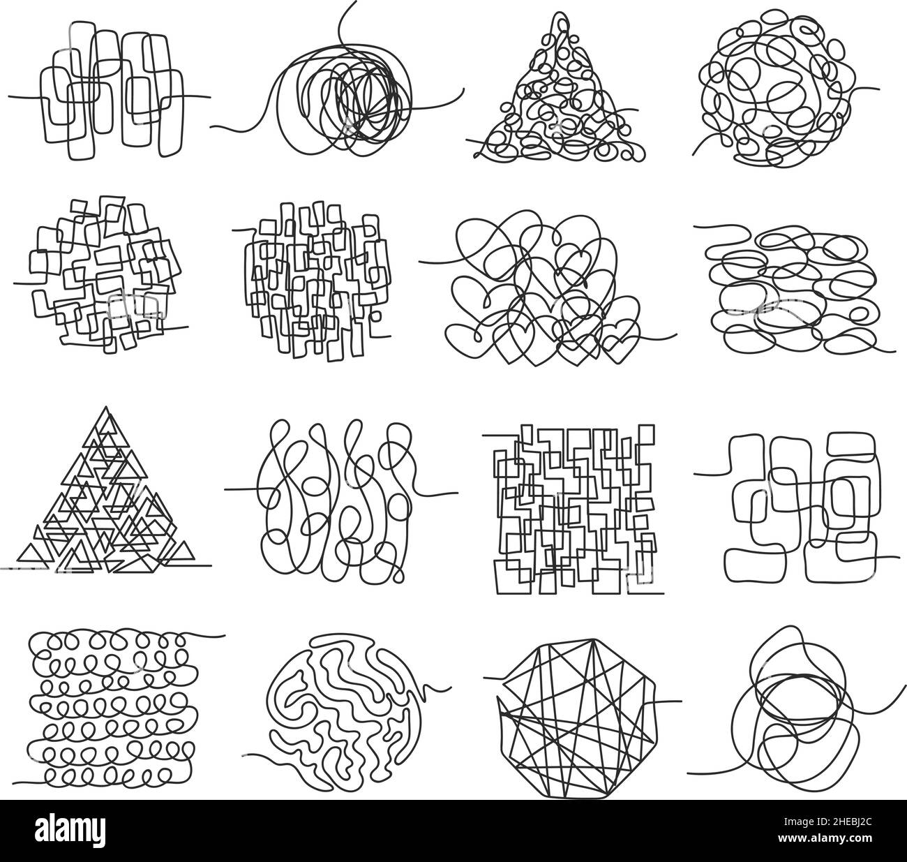 Tangled lines, chaos scribbles, messy squiggles and knots. Hand drawn chaotic doodles, entwined tangle scrawl, random scribble Vector set. Complicated thoughts and ideas, curled maze Stock Vector