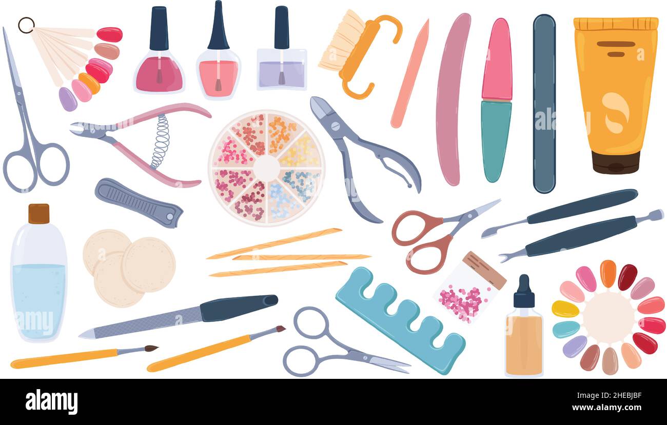 Manicure and pedicure tools or accessories, nail salon supplies. Hand  cream, polish samples, files, scissors, nails care elements vector set.  Equipment for hand and foot care and treatment Stock Vector Image &
