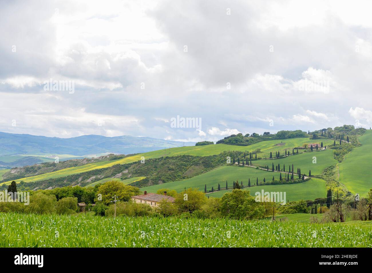 Landscape view of the Italian countryside with rain clouds and a ...
