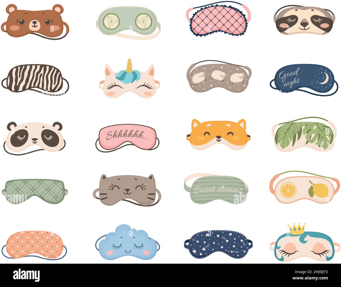 Cute sleeping masks with animals and patterns, night eye mask. Cartoon sleep accessories for dreaming, nightwear pajama elements vector set. Bedtime relaxation and rest, comfortable blindfold Stock Vector