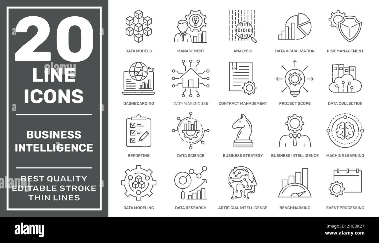 Set of business intelligence icons such as machine learning, data modeling, visualization, risk management and more different. High quality. Editable Stock Vector