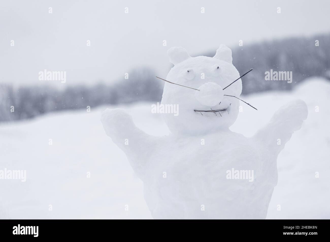The figure of funny snowman animal in snowy field Stock Photo