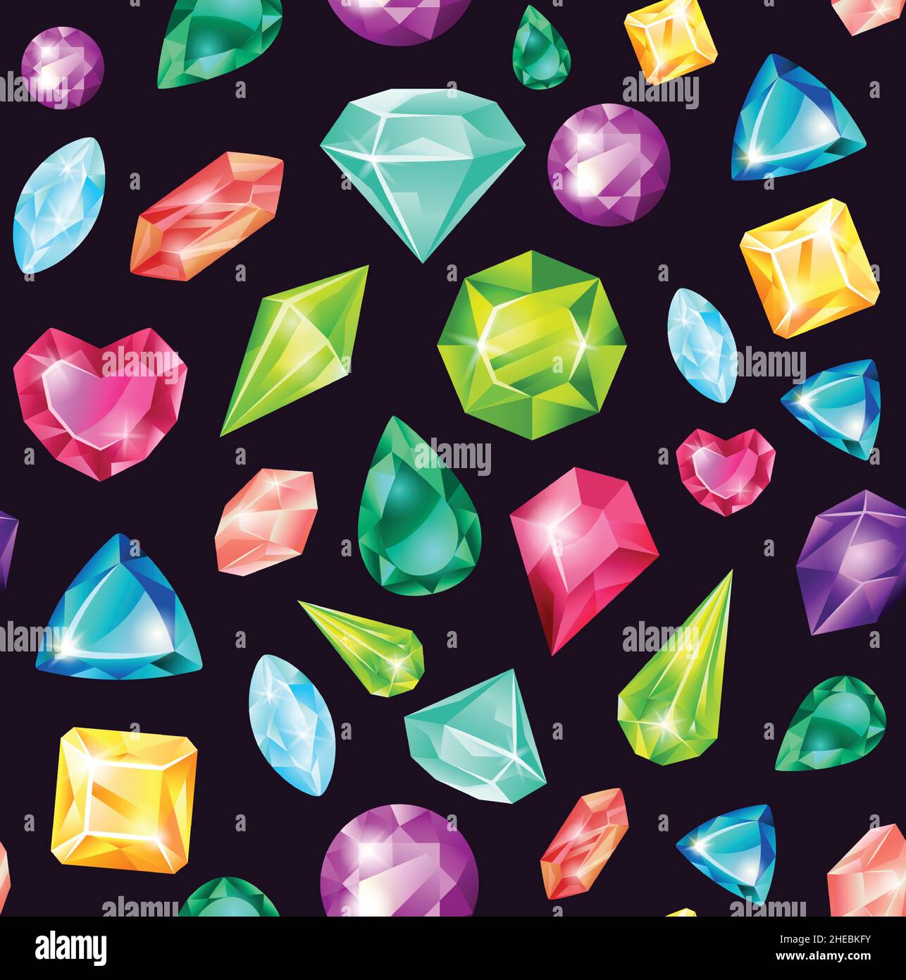 Cartoon magic crystals and precious gemstones seamless pattern. Colorful jewelry crystal, diamond gems, shiny jewel stones vector background. Fantasy shiny jewelry texture or textile Stock Vector