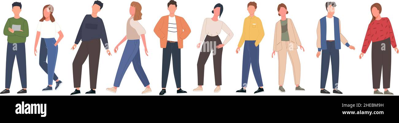 Set multicultural group of people isolated on white background. Multiracial diversity character standing together in line. Vector illustration Stock Vector