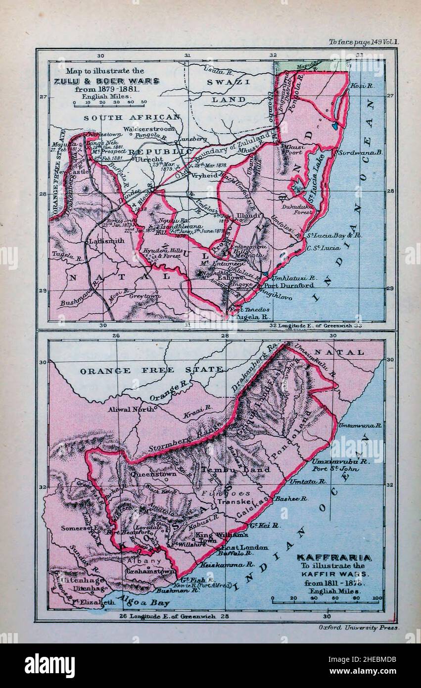 Zulu and Boer Wars [Top] Kaffraria to illustrate the Kaffir Wars from 1811 - 1878 [Bottom] from the book HISTORICAL GEOGRAPHY OF THE BRITISH COLONIES printed in 1897 Stock Photo
