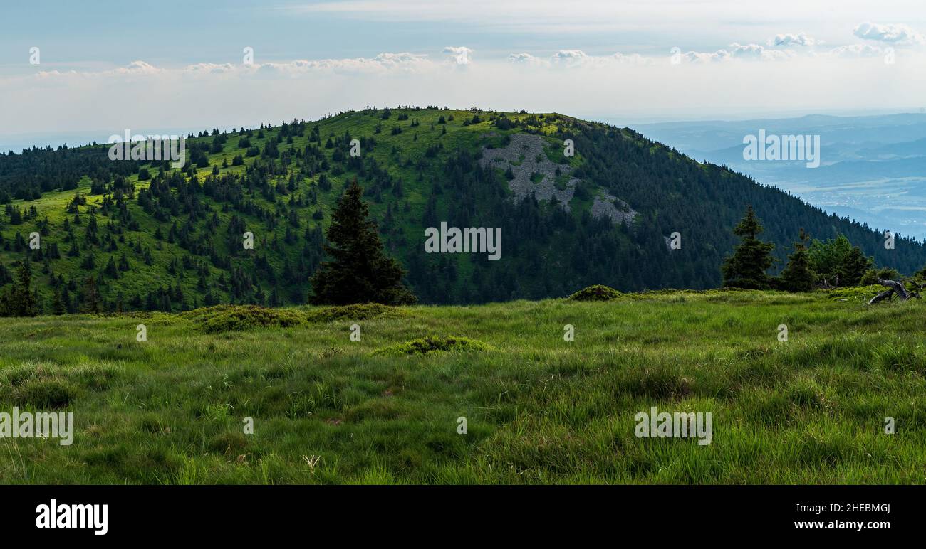 Bridlicna hora hill from Jeleni hrbet hill summit above Jeleni studanka in Jeseniky mountains in Czech republic Stock Photo
