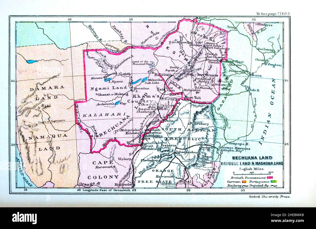 Bechuanaland Protectorate, Matabeleland and Mashonaland from the book HISTORICAL GEOGRAPHY OF THE BRITISH COLONIES printed in 1897 Stock Photo