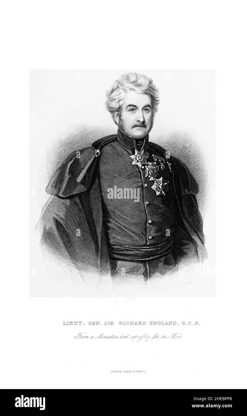 Lieutenant General Sir Richard England [General Sir Richard England, GCB, KH (1793 – 19 January 1883) was a British Army officer, born at Detroit, which was then part of Upper Canada. During the Napoleonic Wars he saw active service in Walcheren, Sicily, and at Waterloo, before commanding regiments and divisions in the Crimean War and in India. ] from the book The illustrated history of the war against Russia (Crimean War October 1853 to February 1856) by Edward Henry Nolan, published in 1857 Stock Photo