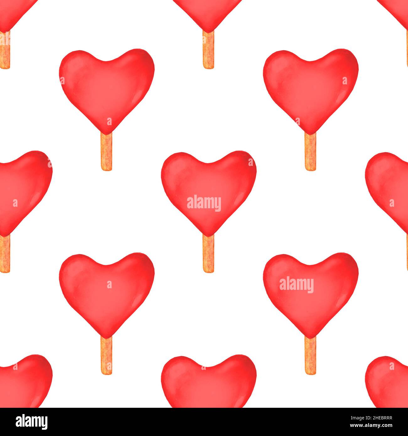 Seamless pattern with watercolor red hearts ice creams on white ...