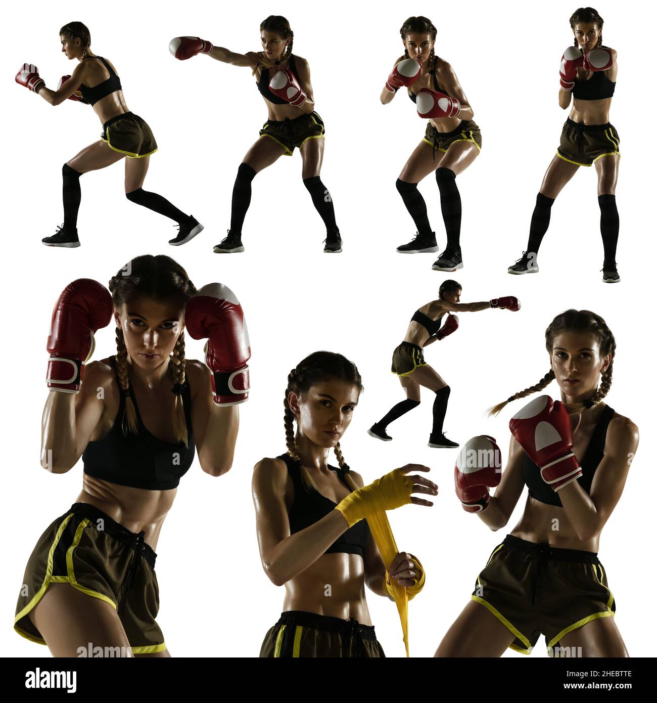 Development of movements in sport training. Young sportive girl, mma ...