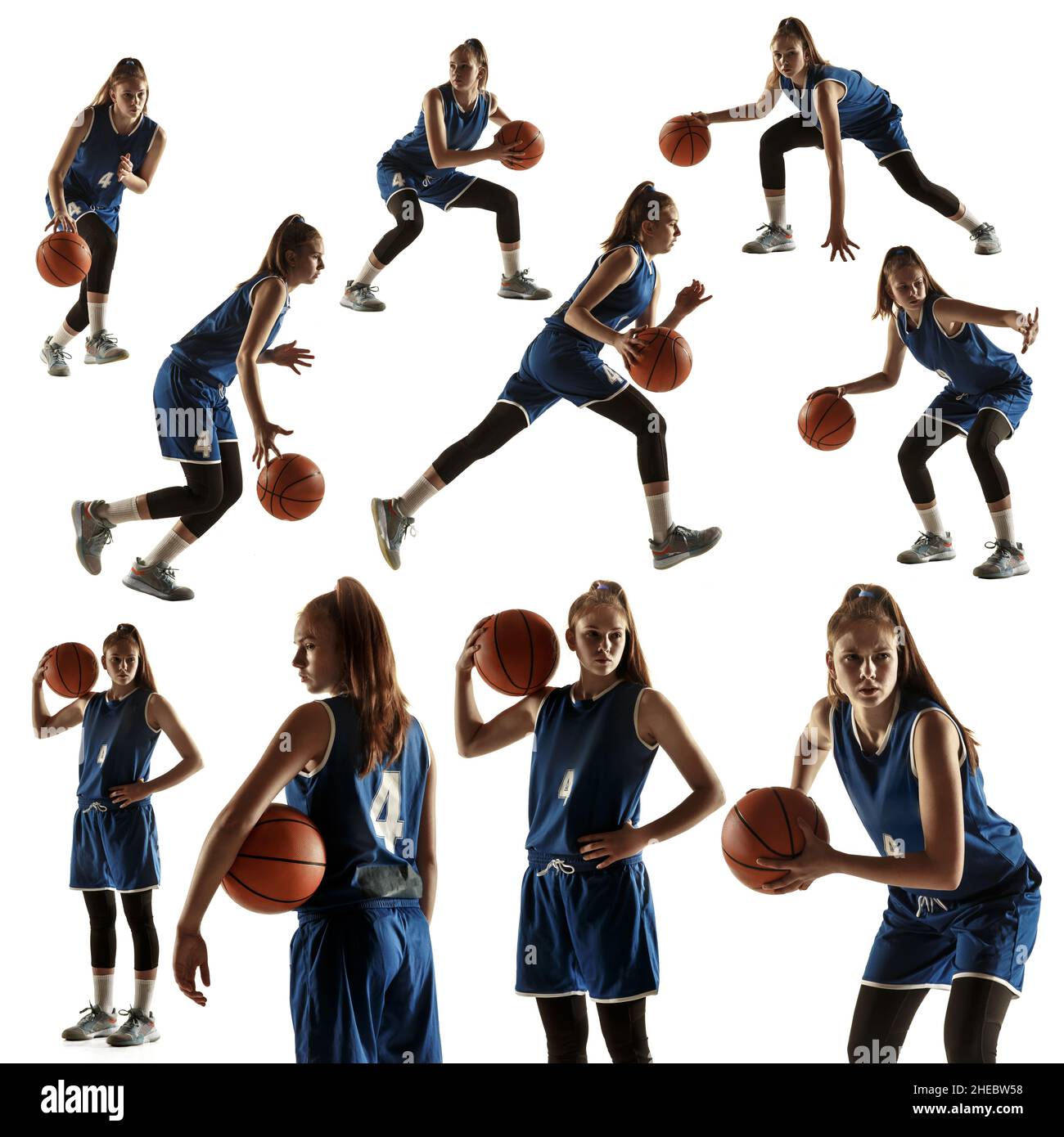 Set of professional female basketball player in blue sports uniform with ball in motion, action