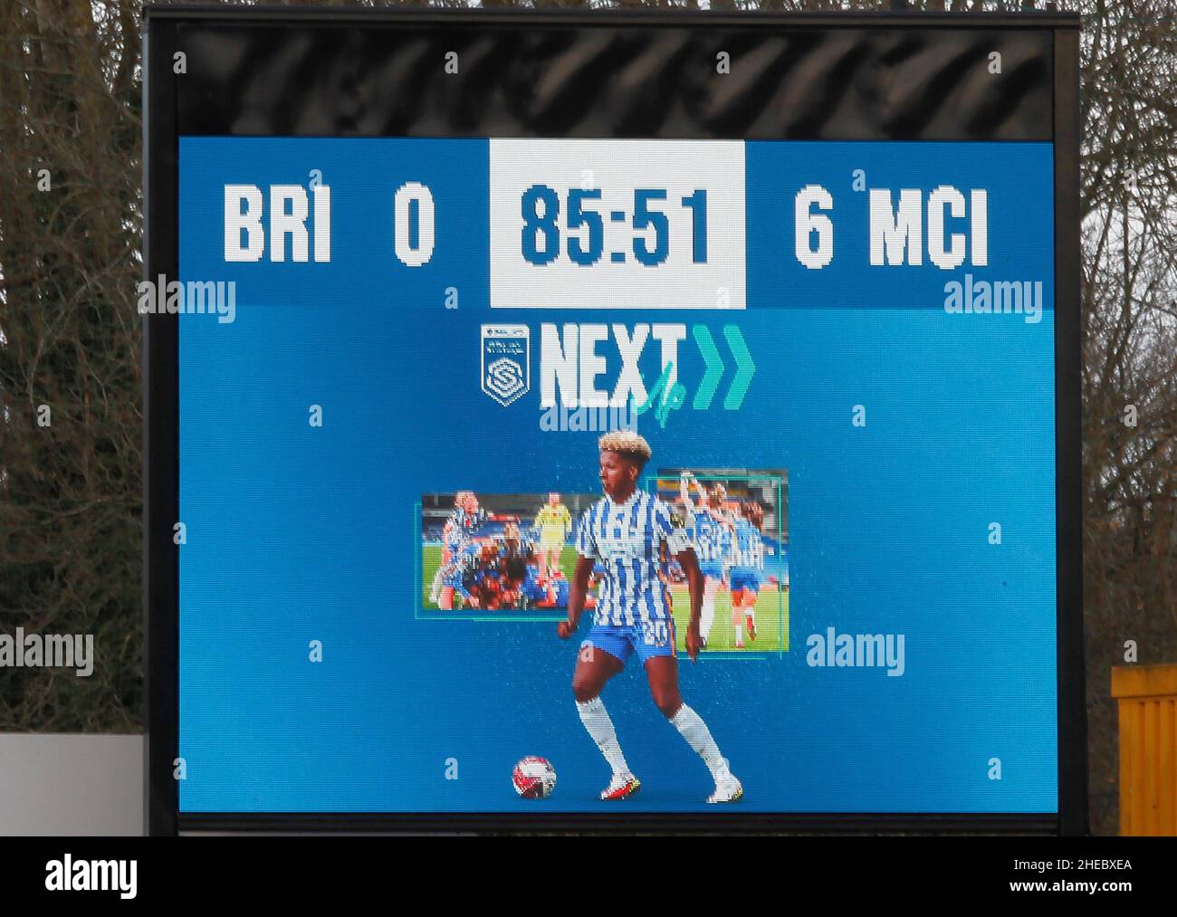 CRAWLEY, United Kingdom, JANUARY 09: The scoreboard reflects the rout  during Barclays FA Woman Super League between Brighton and Hove Albion and Manc Stock Photo
