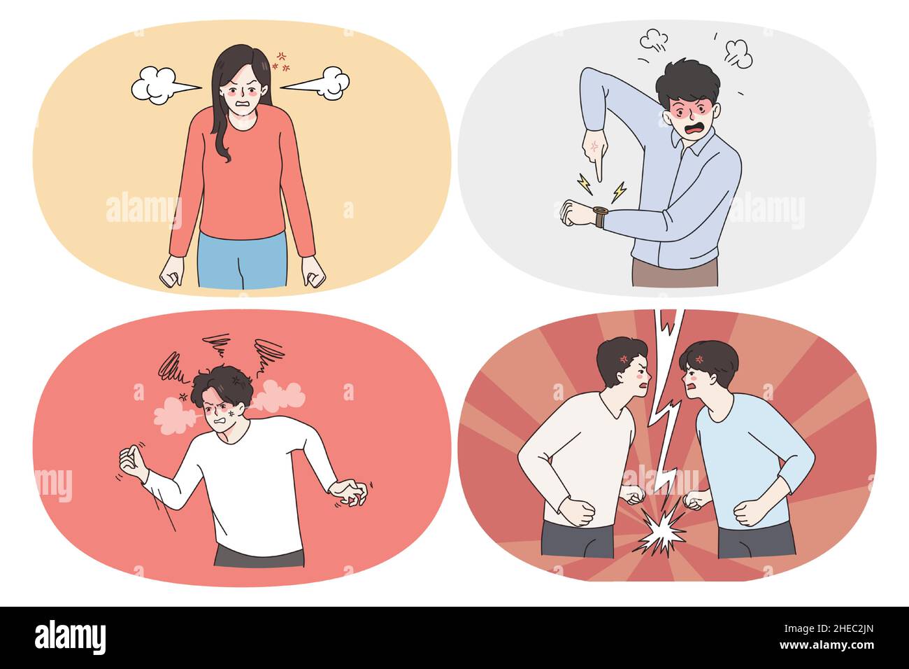Anger rage and furious emotions concept. Set of men and women feeling furious and aggressive pointing at watch showing fists and having scandal with friend vector illustration  Stock Vector