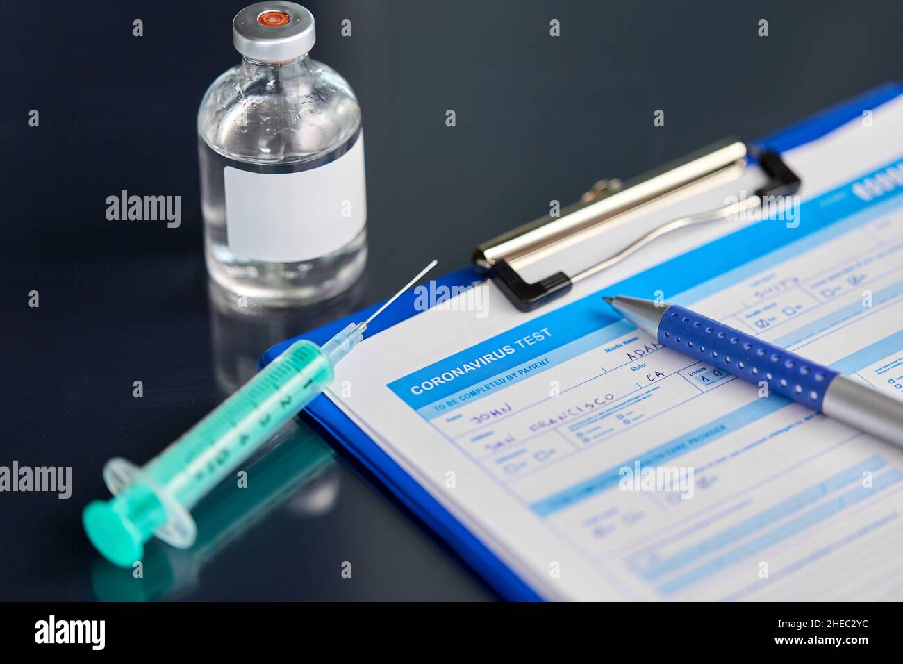 medical report, pen, syringe and medicine Stock Photo Alamy