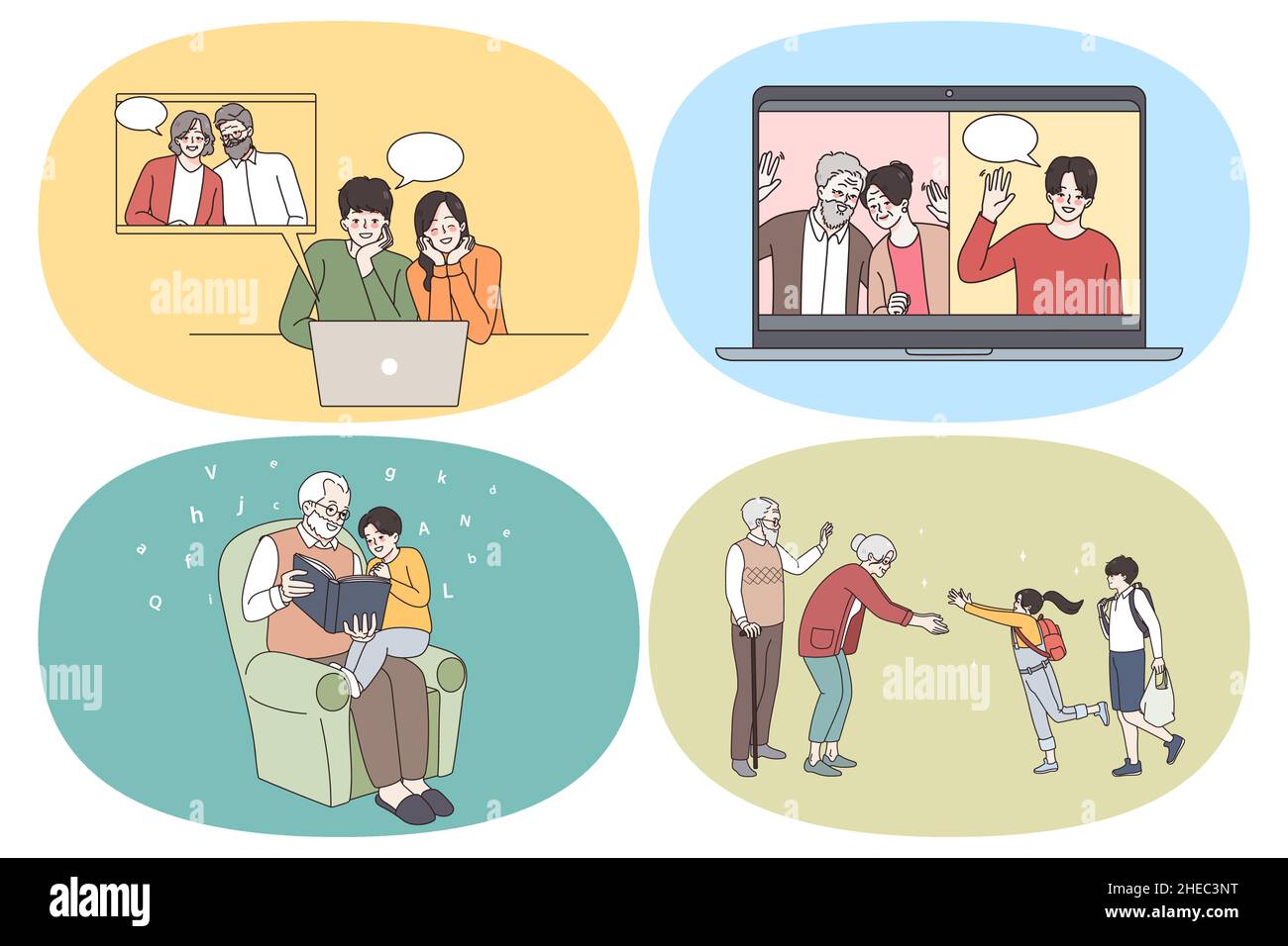 Online communication and Happy family concept. Set of happy family relatives meeting online reading grandparents meeting their grandkids enjoying time together vector illustration  Stock Vector