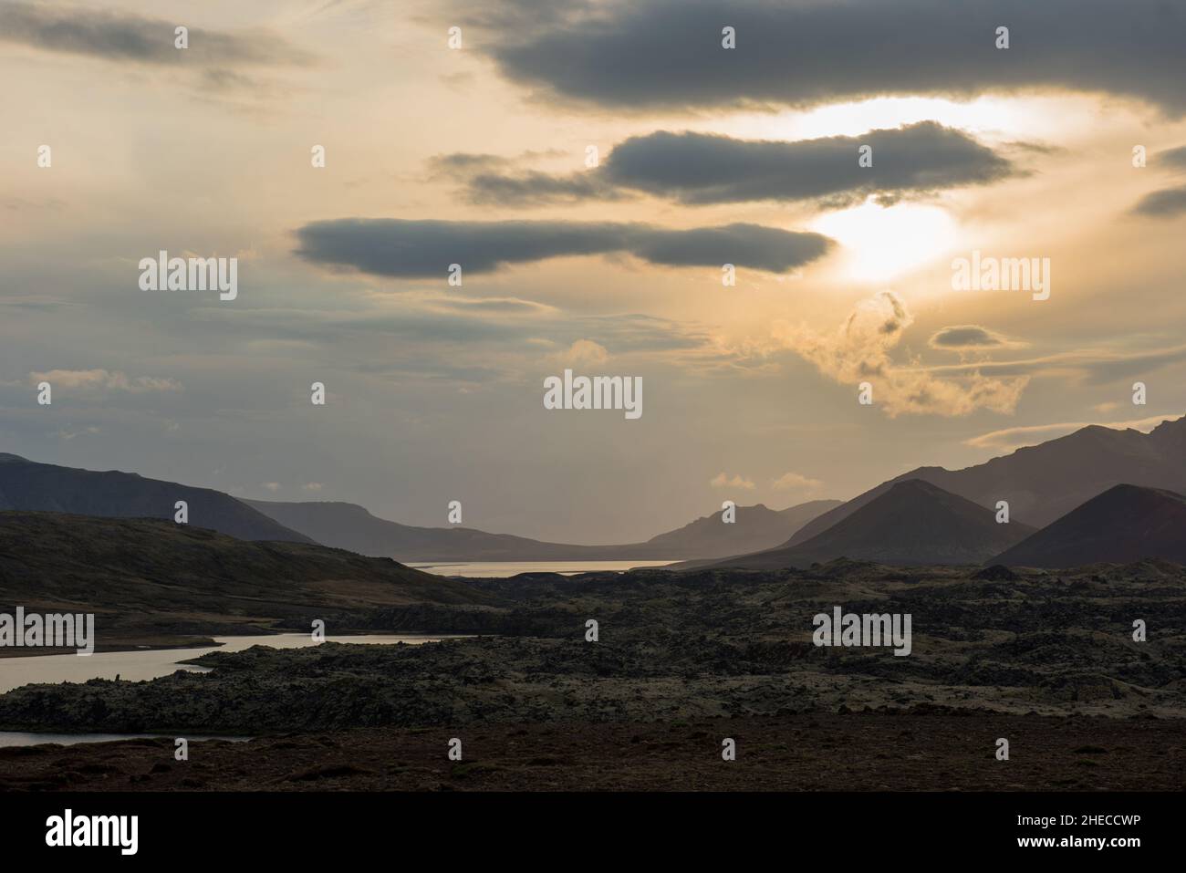 Volcanic landscape with river in Iceland in sunset lights Stock Photo
