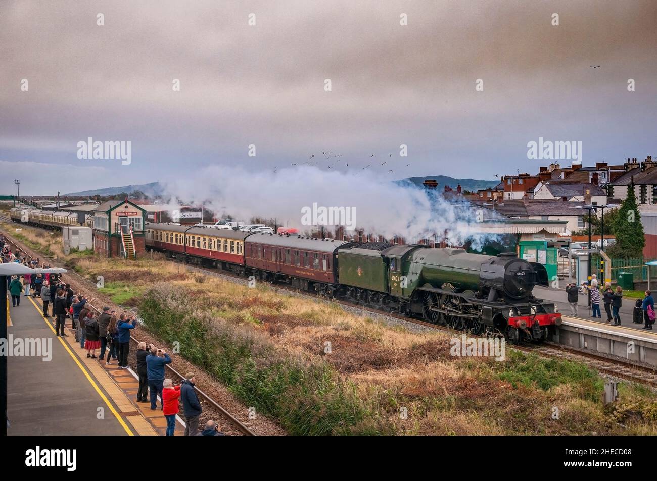 Flying Scotsman steam train Yns Mon Express Abergele and Pensarn station. Stock Photo