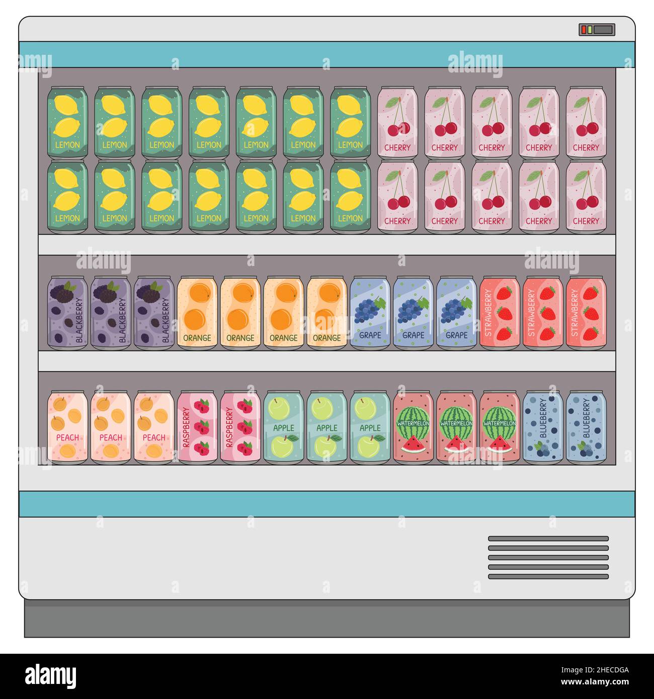 Set of soft drinks in aluminum cans with soda and lemonade on shelves