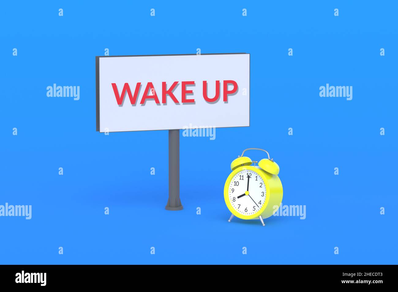 Alarm clock near billboard with word wake up. Planning your daily routine. Early punctuality