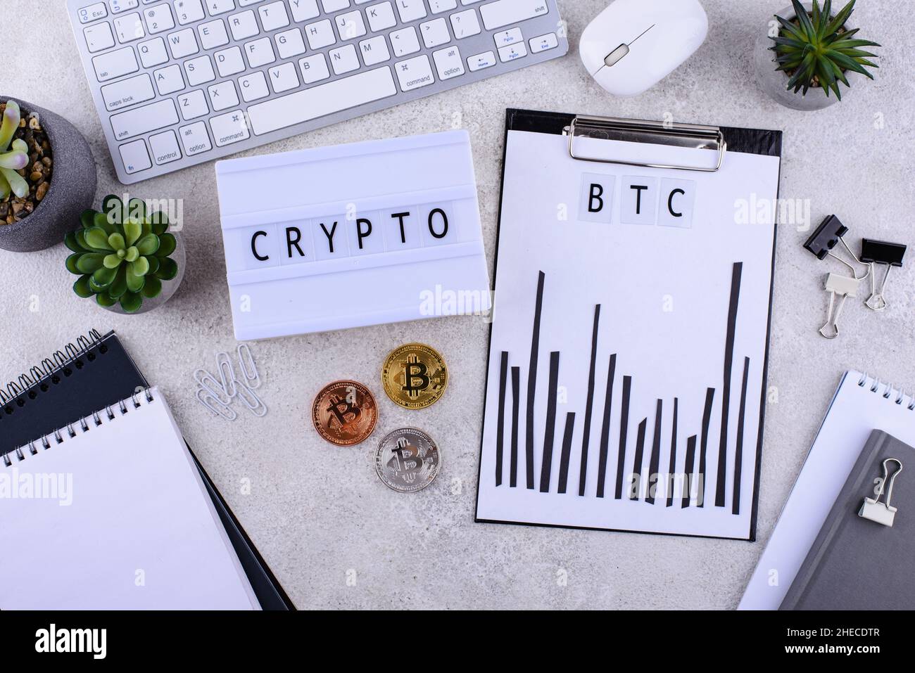 Bitcoin shedule on desk. Cryptocurrency concept Stock Photo