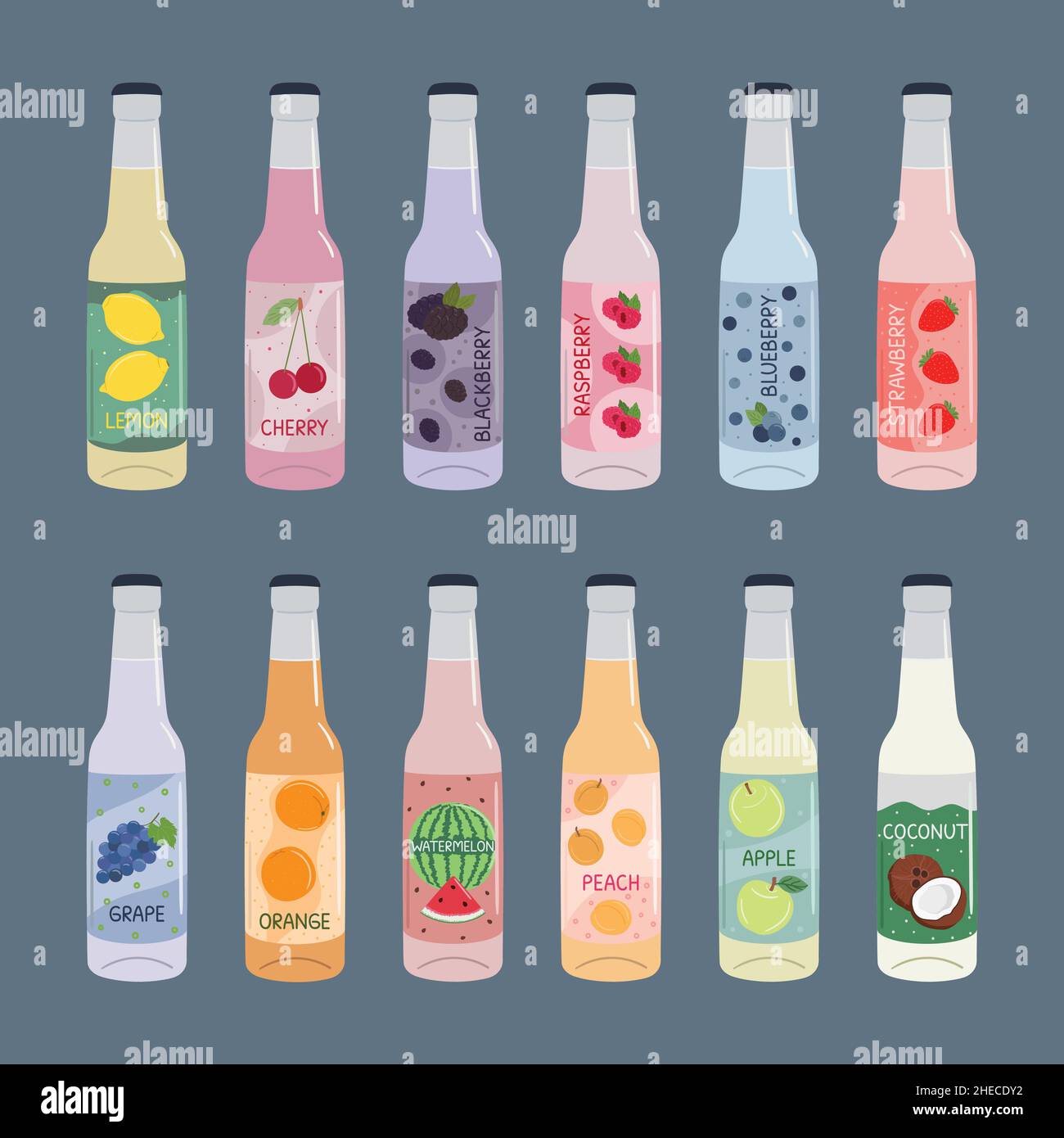 Set of soft drinks in glass bottles with soda and lemonade. Carbonated