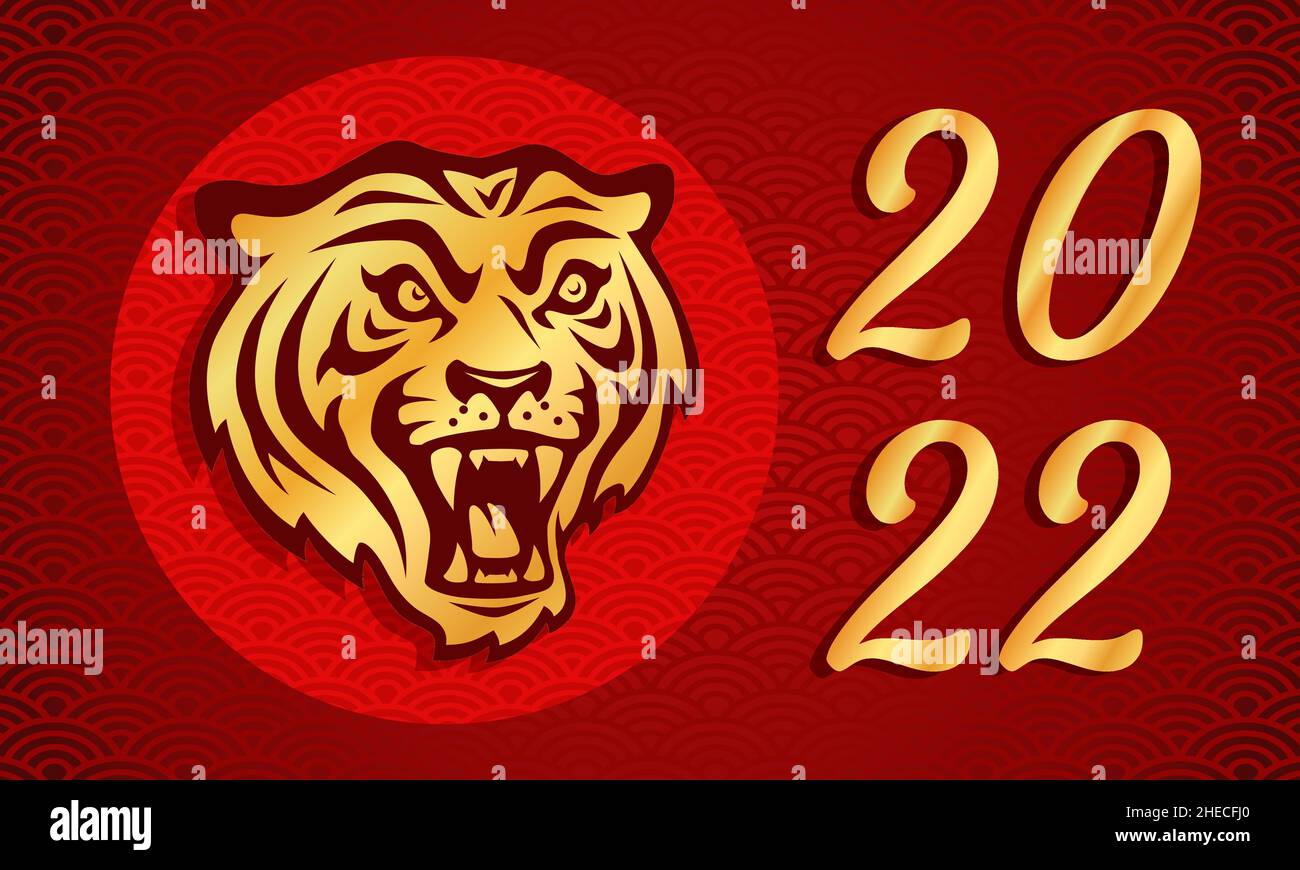Chinese new year 2022 year of the tiger on red background. Vector poster with tiger head for Chinese new year. Symbol of 2022. Stock Vector