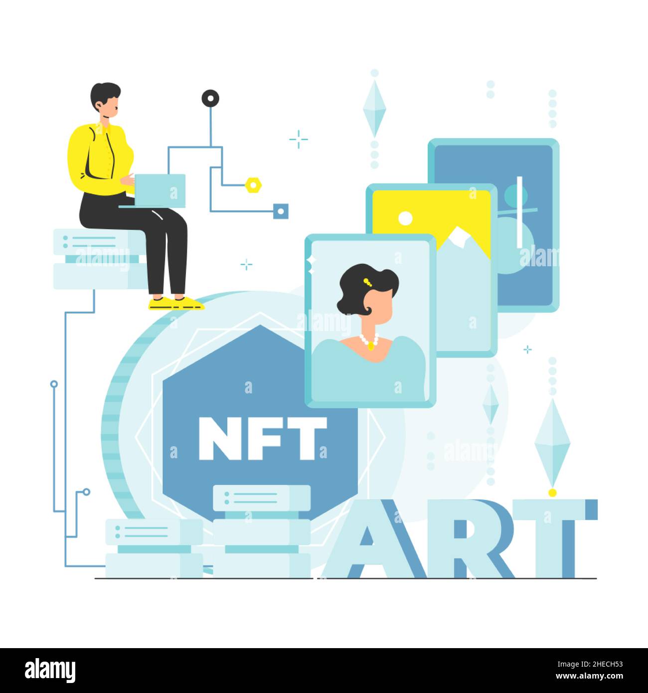Digital artist creating crypto art and selling nft tokens, vector