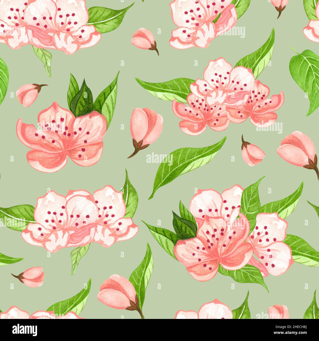 Seamless watercolor floral pattern - pink flowers, green leaves ...