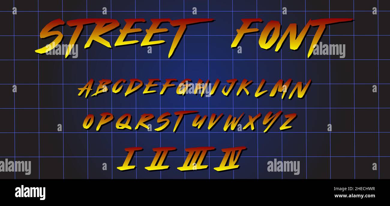 Arcade gaming retrowave font.Gradient letters and numbers on space, grid background. Sci-fi alphabet in retro 80's style. Synth Wave ABC. Stock Vector