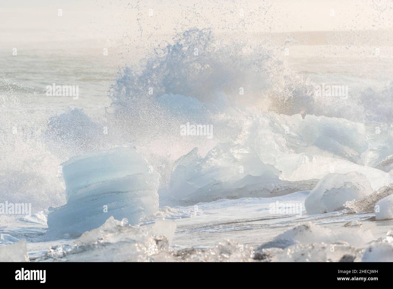 Iceland, Austurland Region, Breidamerkursandur, Diamond Beach next to Jokulsarlon, iceberg on the sand Stock Photo