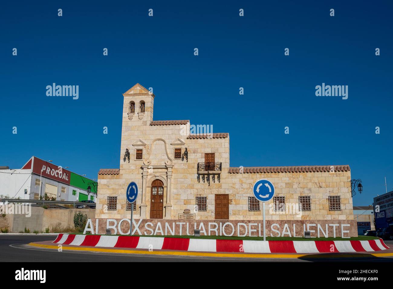Albox, Almeria, Andalusia, Spain. Entrance road roundabout with reproduction of the Santuario del Saliente, Monastery of the Virgin of the Saliente Stock Photo