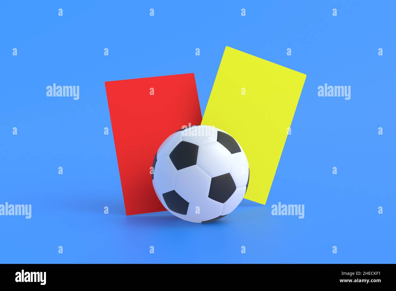 Soccer ball near red, yellow cards on blue background. Games for