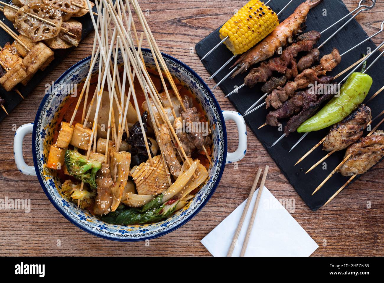 Sheffield UK - 9 May 2018 :Delicious Asian food from Saha Skewer Stock Photo