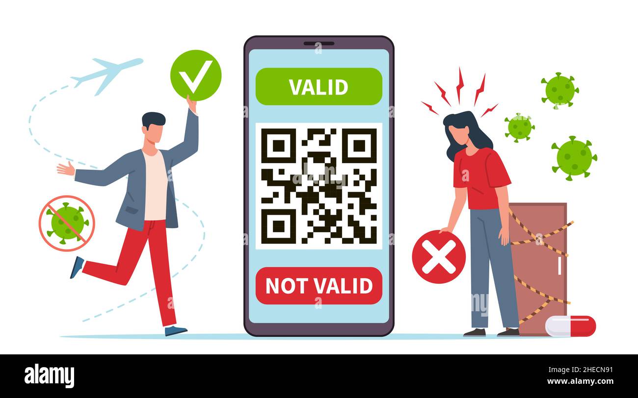 Valid quick response code. Vaccinated people and huge smartphone with qr on screen, valid and invalid green certificate, health passport, new features Stock Vector