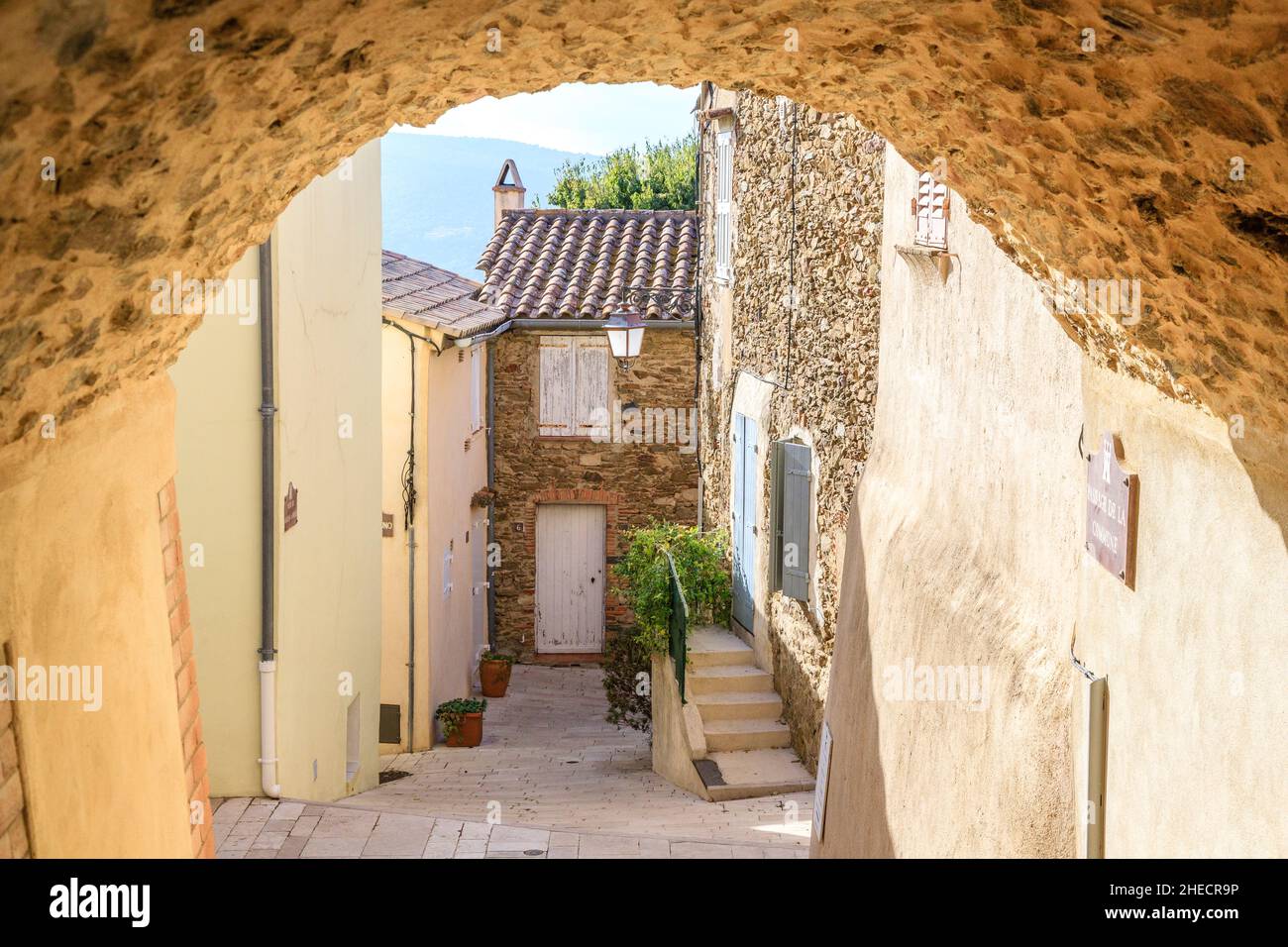 France, Var, Gulf of Saint Tropez, Gassin, labelled Les Plus Beaux Villages de France (The Most Beautiful Villages of France), alley in the village // Stock Photo