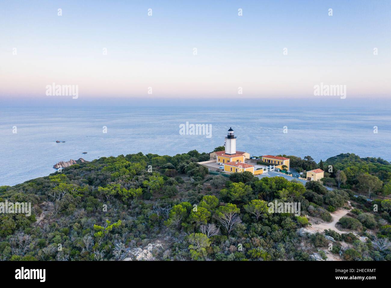 France, Var, Saint Tropez peninsula, Ramatuelle, the Cap Camarat, Camarat lighthouse (aerial view) // France, Var (83), presqu'île de Saint-Tropez, Ra Stock Photo