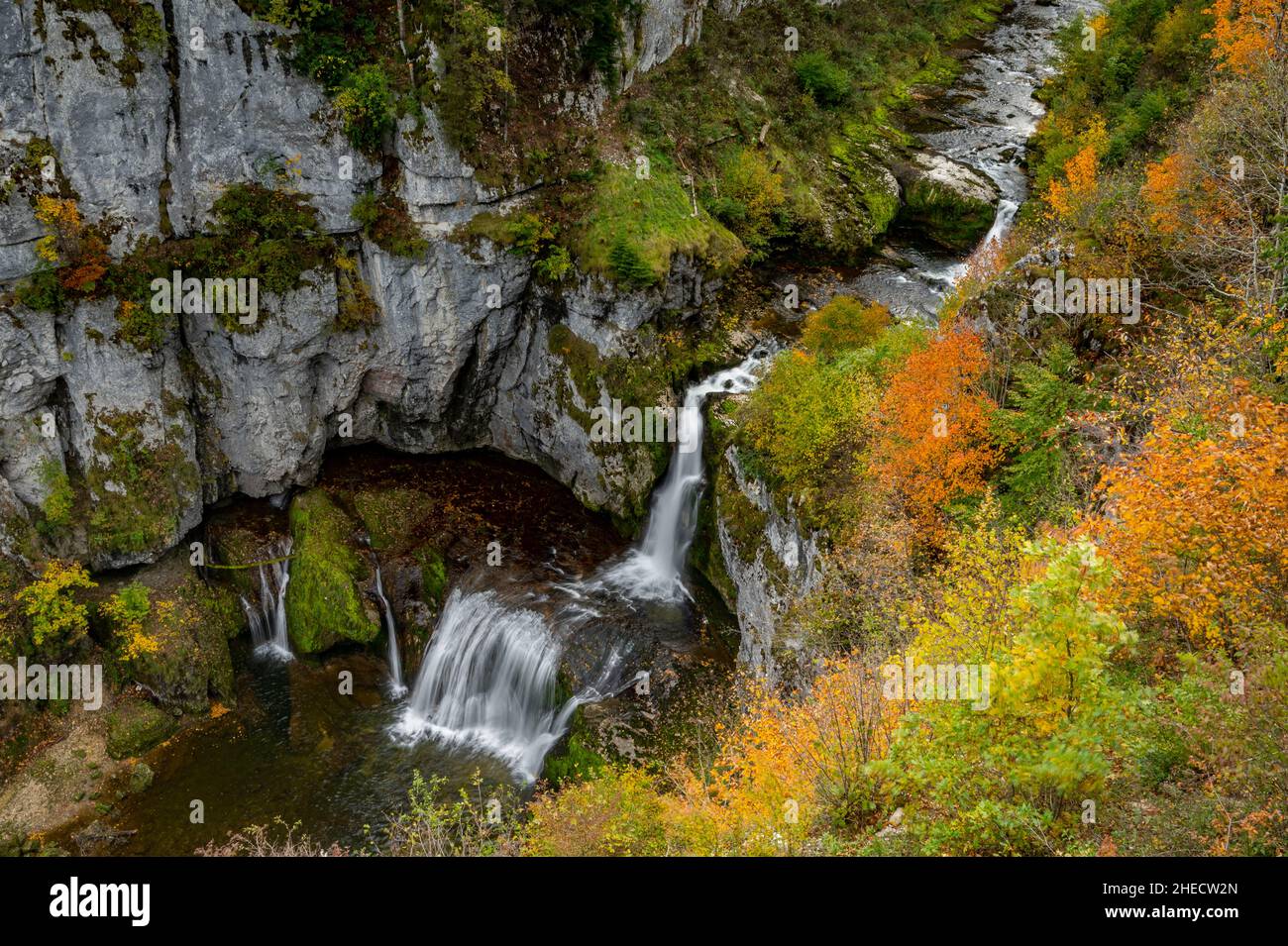 France, Jura, regional nature park, le Vaudioux, la cascade de la Billaude or saut Claude Roy on the Lemme river, tributary of the Saine Stock Photo