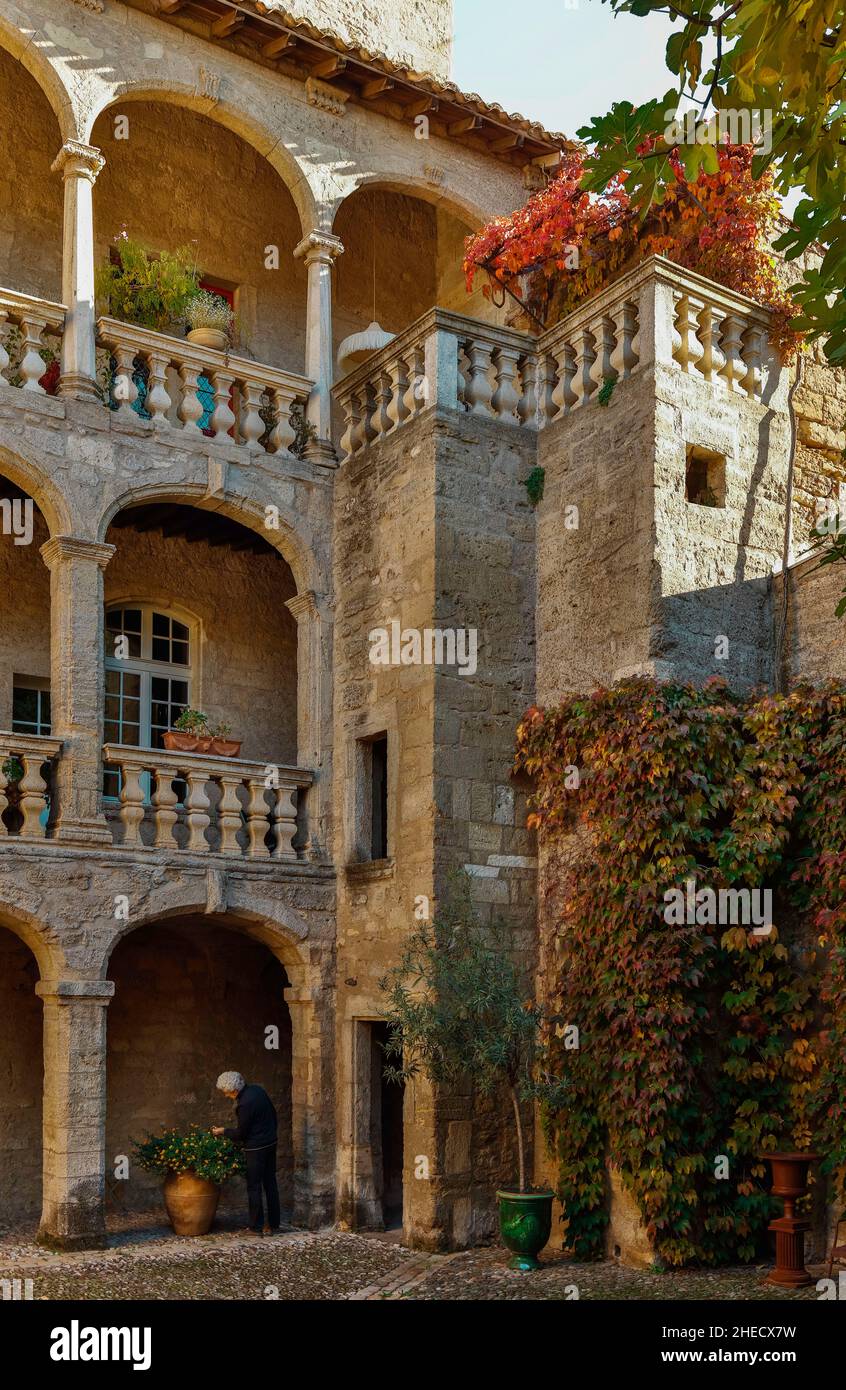 France, Herault, Pezenas, person in the courtyard of a historic building Stock Photo
