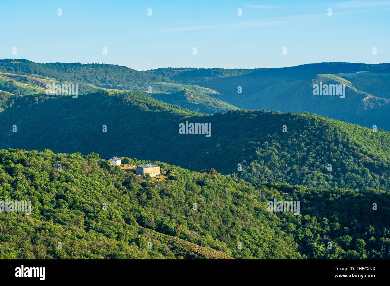 France, Lozere, Corniche des Cevennes, former Royal road from Nimes to Saint-Flour, Le Pompidou, panorama over Vallee Fran?aise Stock Photo