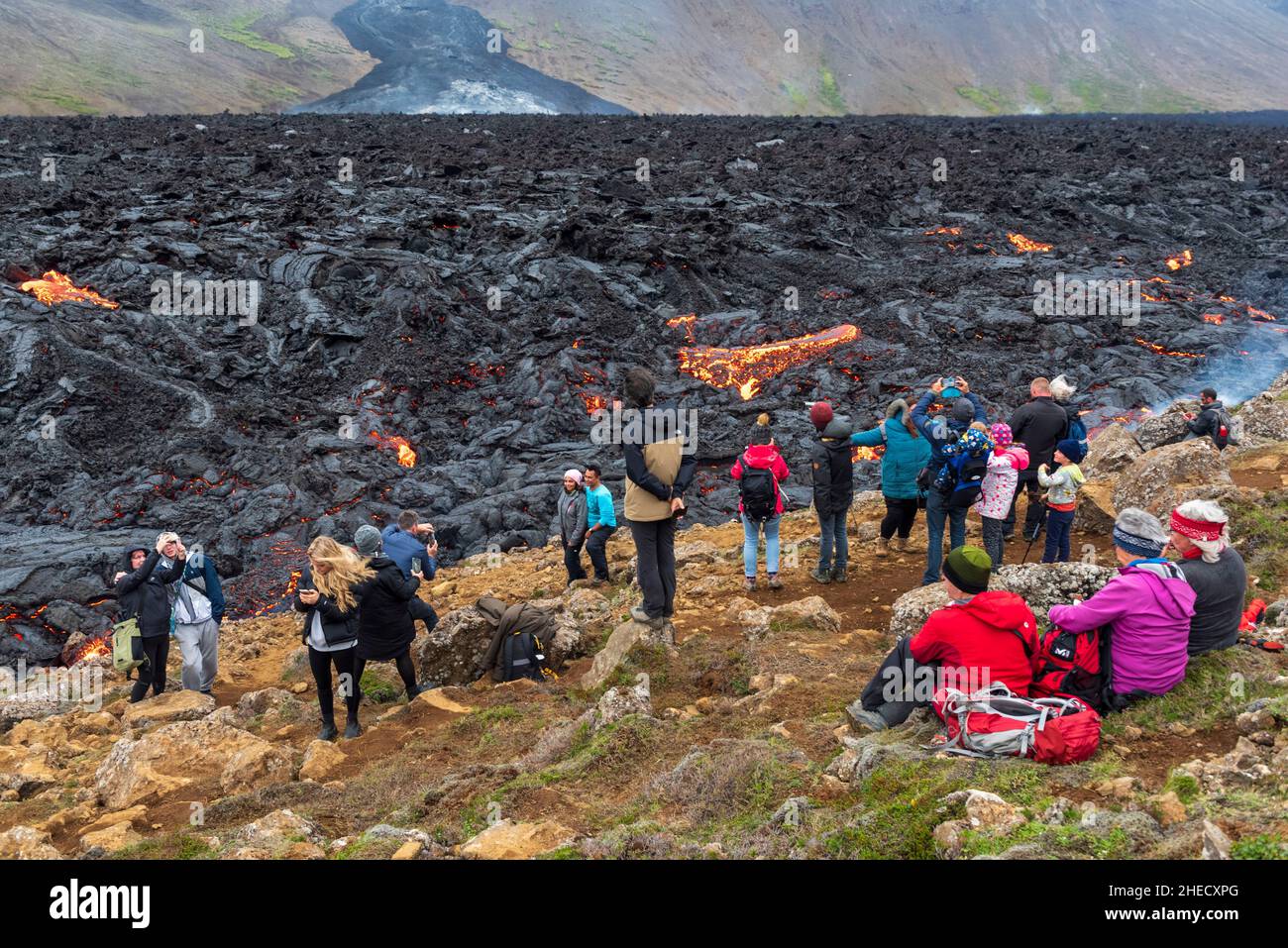 Iceland, Reykjanes Peninsula, Grindavik, Fagradalsfjall, Fagradalsfjall volcanic system, Geldingadalir, volcano, effusive volcanic eruption, lava Stock Photo