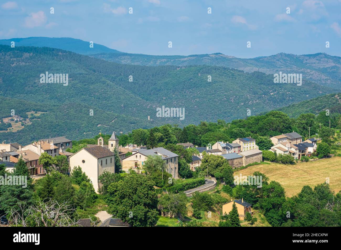 France, Lozere, Corniche des Cevennes, former Royal road from Nimes to Saint-Flour, Le Pompidou village Stock Photo