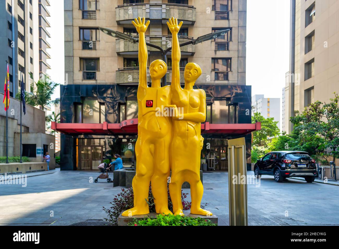 Yellow sculpture urban art in the Paulista Avenue in  in the Paulista Avenue in Sao Paulo, Brazil. This place is a travel attraction in the city Stock Photo