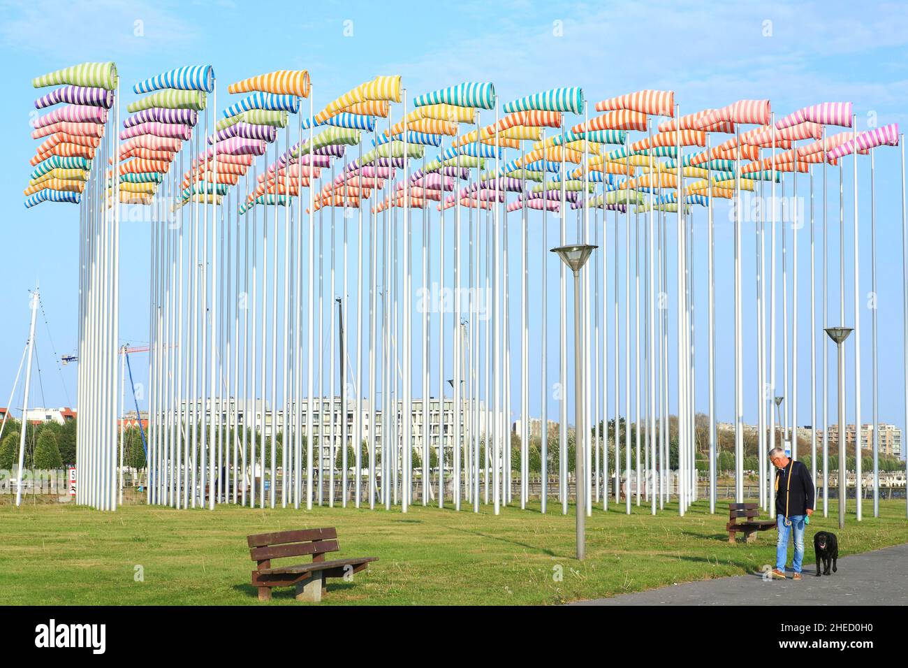 Belgium, West Flanders, Nieuwpoort, mouth of the Yser, permanent work of art The wind blows where he wants by the artist Daniel Buren installed during the Beaufort festival 2009 Stock Photo